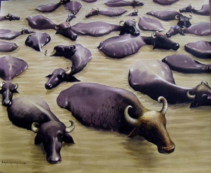 The Buffaloes Size- 25''x 31'' Medium - water colour on paper. Year- 2007.