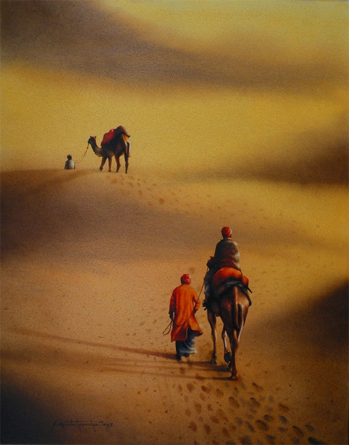 Camel in desert rajasthan series 7. size 22x27. medium water color on paper. year 2013